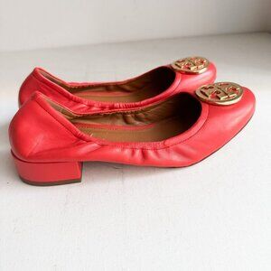 Tory Burch Leather Coral Orange Scrunch Back Low Black Heel Flats 6.5